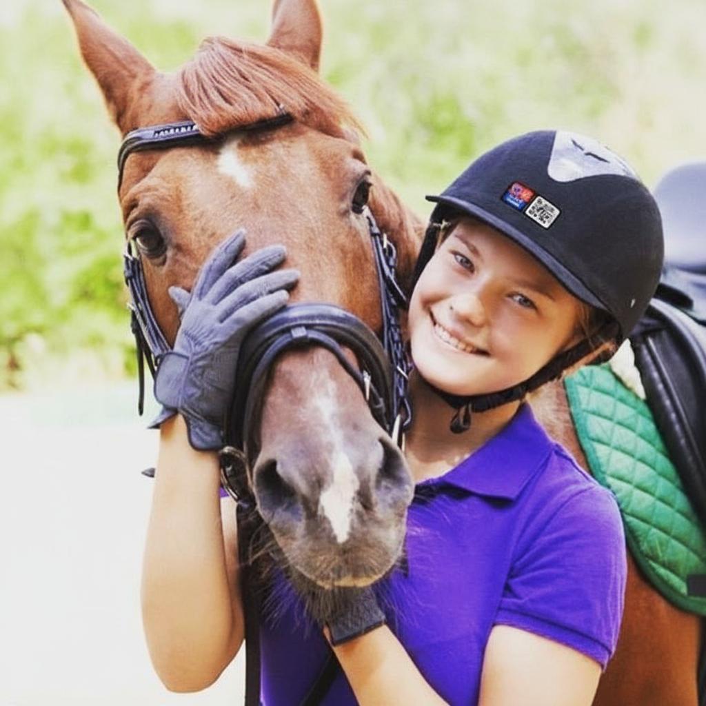 Girl in a purple shirt and helmet petting a brown horse outdoors with a horse riding hat with an in case of emergency sticker on it