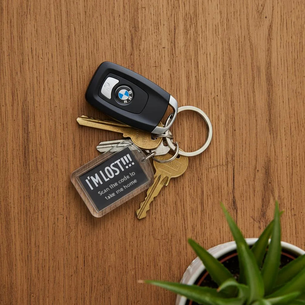 Keychain with car keys and 'I'm Lost' tag on a wooden surface
