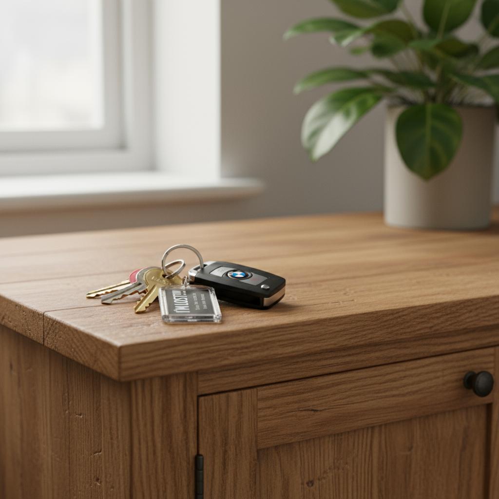 Keys and car key fob on a wooden surface with a plant in the background and an 'i'm lost' keyring attached.