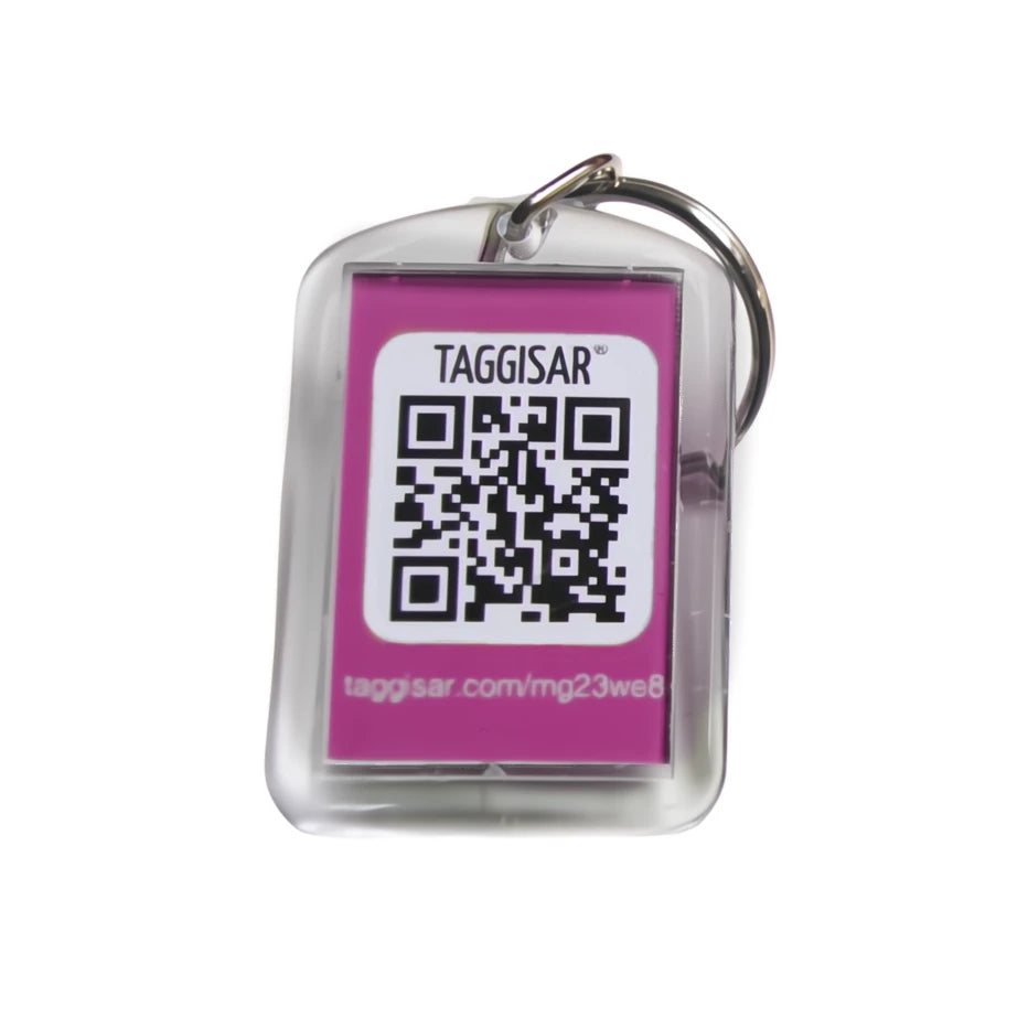 Keychain with QR code and website URL on a pink background.