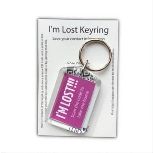 Keyring with pink label in packaging