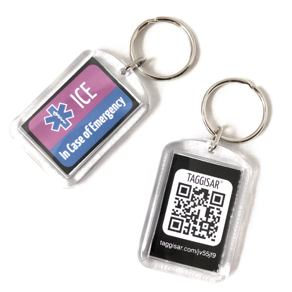 Two rectangular keyrings with information QR codes. One has 'ICE' with a medical alert symbol and the other displays a general QR code.