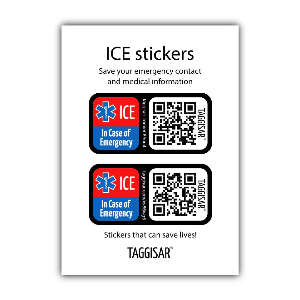 Two red and white ICE stickers with QR codes, designed to hold emergency contact information, displayed against a white background with the text 'ICE stickers: Save your emergency contact and medical information' and the 'Taggisar' brand logo.