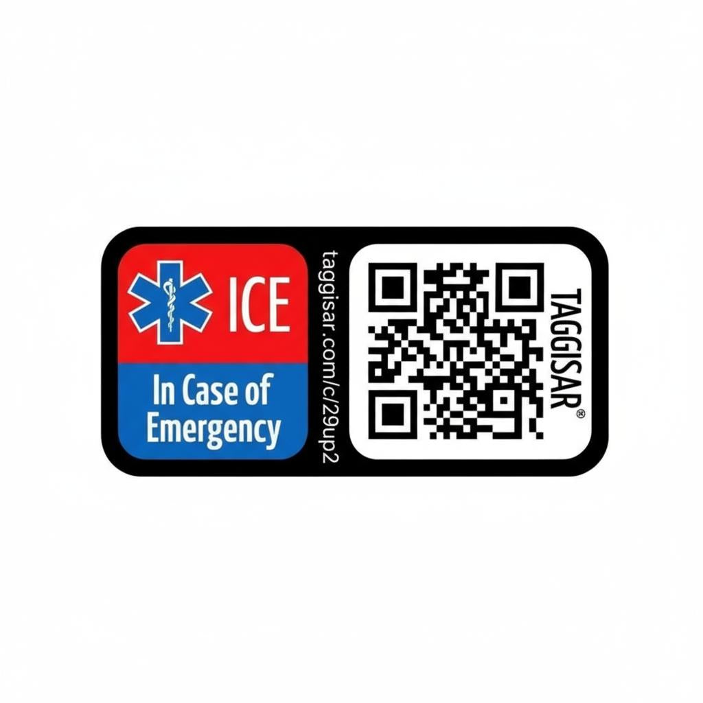 In Case of Emergency tag with ICE logo and QR code on a white background