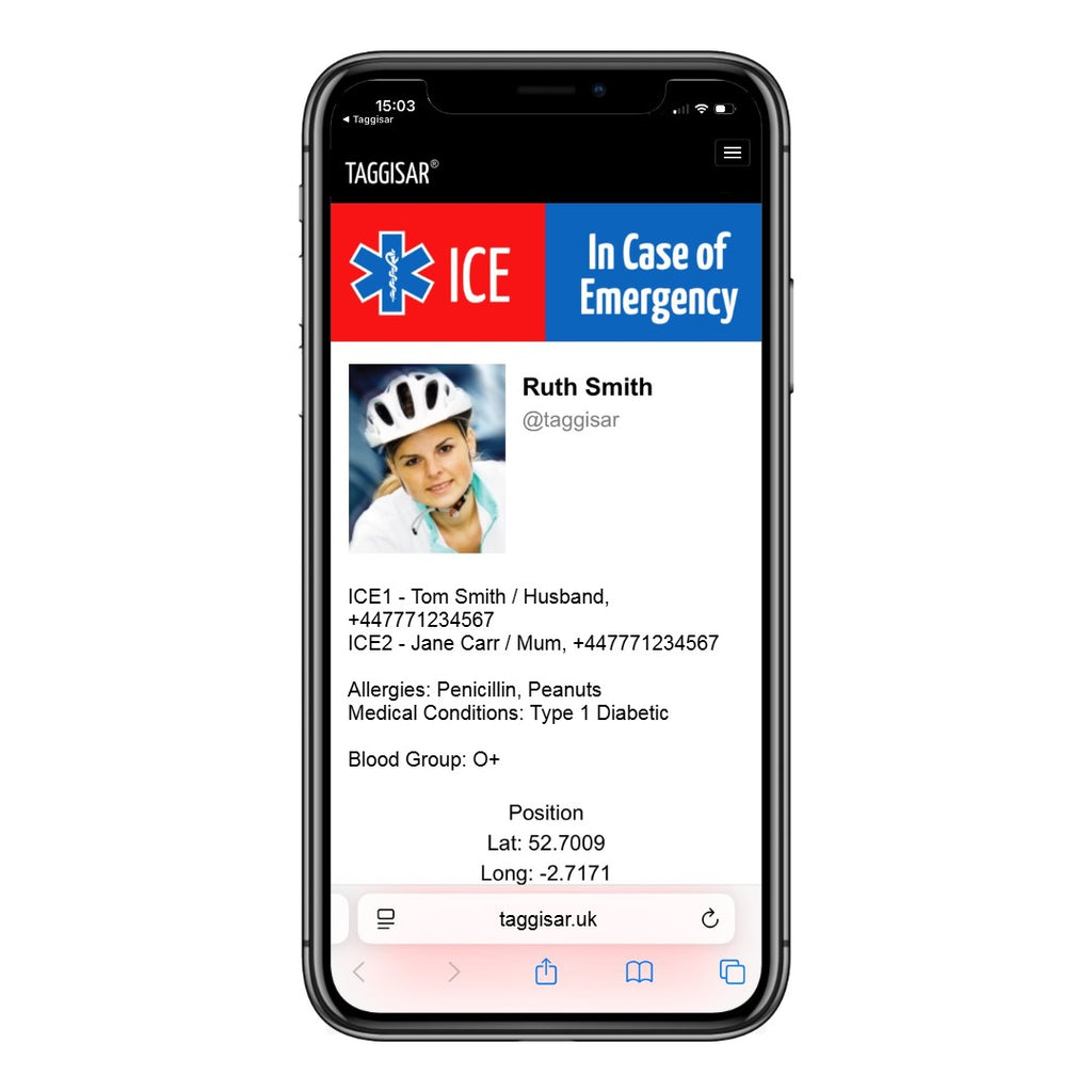 Phone screen displaying a medical ID app with contact and allergy information.