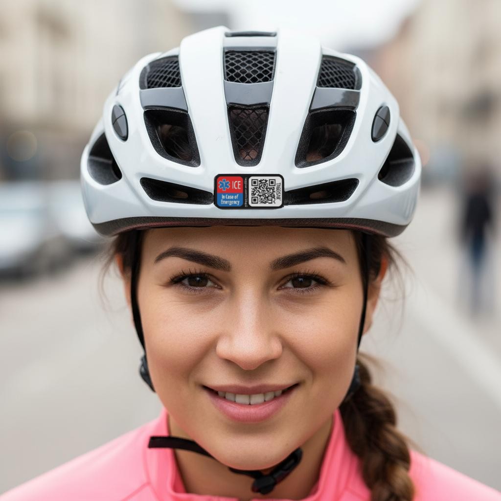Woman wearing a white bicycle helmet with a visible QR code on a blurred street background